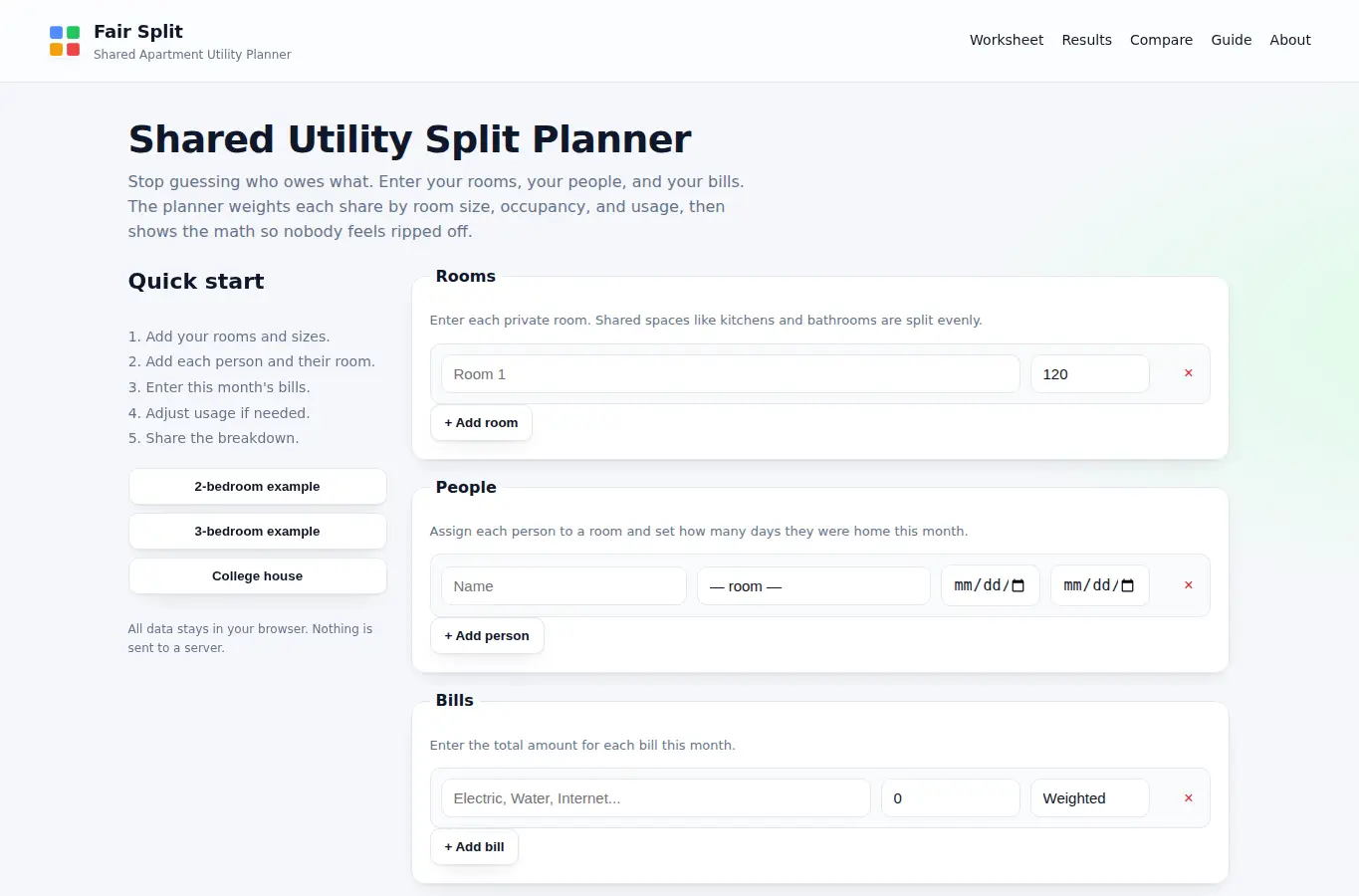 Screenshot of Fair Split — Shared Apartment Utility Calculator interface showing the project page in use